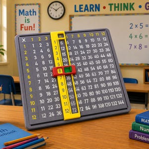 May include: A gray multiplication table board featuring a grid of numbers from 1 to 144, with a yellow sliding frame and a red selector window. The board displays a multiplication sign in the top left corner and yellow numbers 1 through 12 along the top and left edges.