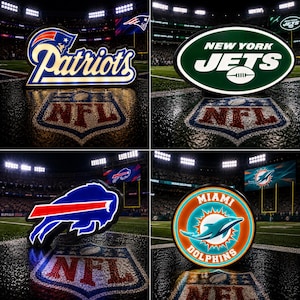 May include: Four illuminated NFL team signs featuring the New England Patriots, New York Jets, Buffalo Bills, and Miami Dolphins logos. Each sign is displayed on a dark, reflective surface with a large NFL shield emblem visible in the foreground.