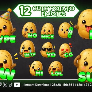 Könnte beinhalten: Ein Set aus 12 digitalen Kartoffel-Emotes mit verschiedenen Ausdrücken und Textbeschriftungen wie HYPE, NO, NICE, OMG, EZ, WTF, YO, GG, W, HI, LOL und SUS. Die Kartoffeln sind hellbraun mit dunklen Punkten und tragen teils Partyhüte.