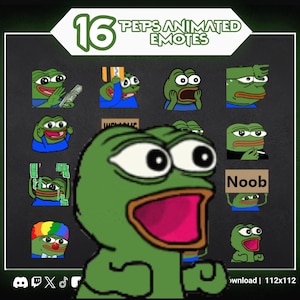 Op de afbeelding: Een digitale collectie van 16 geanimeerde Peps-emotes met een groene kikkerfiguur in verschillende uitdrukkingen en acties, waaronder het vasthouden van geld, het dragen van een clownspruik en borden met tekst zoals Noob.