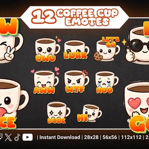 以下が含まれることがあります： W、EZ、UWU、LURK、LET'S GO、AWW、WTF、NOO、NICE、DUDE、HI、GGというテキストラベルと様々な表情が描かれた12種類のデジタルコーヒーカップエモートセット。カップは白地で、茶色のコーヒーと鮮やかなオレンジレッドの文字が特徴です。