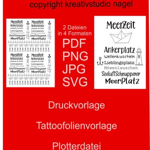 Könnte beinhalten: Roter Hintergrund mit weißem Text und Grafiken. Der Text enthält deutsche Wörter wie "MeerZeit" und "Ankerplatz". Das Bild zeigt auch ein Papierboot, einen Anker und Leuchtturm-Illustrationen. Es ist ein digitales Design.