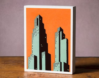 Mid Century Modern Skyscraper Art Block – Vintage Comic Decor