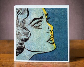 Mid Century Comic Art Block, Retro Woman Portrait, Modern Decor