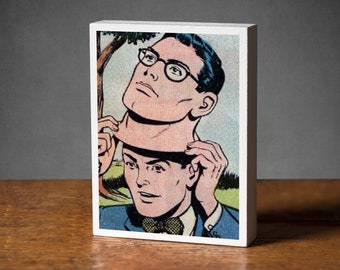 Two-Faced Man Comic Book Art Block – 1950s Retro Decor