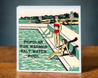 Mid-Century Pool Scene Art Block: Retro Illustration Print