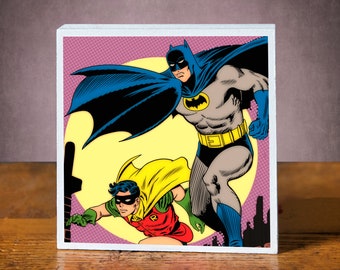 Batman Artwork-Vintage Comic Book-DC Comics-Batman and Robin-Comics Poster-Retro Decor-Batman Art-Gift for Boys-Gift for Dad-Art Print Block