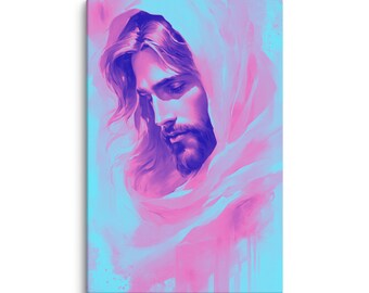Può includere: Stampa su tela raffigurante un ritratto di una persona con capelli lunghi e barba, avvolta in un tessuto chiaro. L'opera d'arte utilizza una tavolozza di colori blu, rosa e viola, creando un effetto morbido ed etereo. Lo sguardo della persona è rivolto verso il basso.