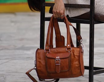 Genuine leather shoulder bag woman style vintage leather brown camel