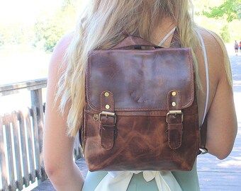 Small brown leather convertible backpack crossbody bag, Leather school backpack, Genuine leather brown backpack, Crossbody leather bag