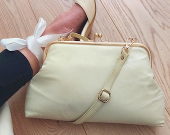 Bolso de hombro de piel auténtica, Bolso de hombro de piel blanca de estilo vintage, Bolso de boda, Bolso de maquillaje de piel