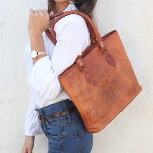 Large handmade brown leather tote, authentic vintage-style handbag for women, leather shopping bag, brown leather tote bag for women, DJOBA