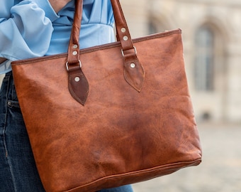 Borsa tote grande in pelle marrone fatta a mano, borsa tote da donna in vera pelle in stile vintage, borsa shopping in pelle, DJOBA