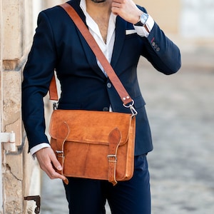 Sac messager en cuir mixte homme femme, sacoche bandoulière unisexe pour ordinateur et documents, sacoche en cuir marron naturel, NESTA