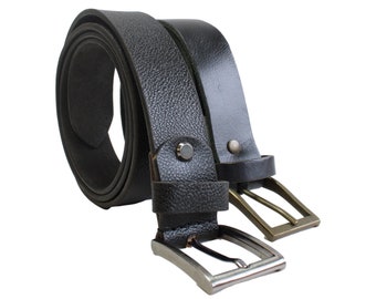 Genuine leather belt for men, black grained leather belt with metal buckle