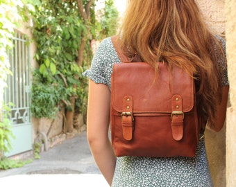 Convertible camel brown leather backpack, Leather school backpack, Genuine leather brown camel backpack, Convertible crossbody leather bag