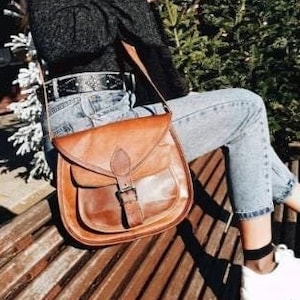 Sac bandoulière en cuir véritable marron pour femme, Sac cuir artisanal, Sac cuir vintage avec poches, Sac à main bandoulière cuir, CALIMA