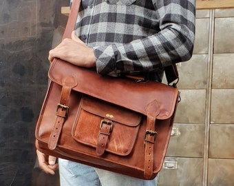 Cartable en cuir robuste pour homme, Sacoche homme cuir bandoulière, Sac bandoulière en cuir authentique marron, Sacoche cuir homme vintage