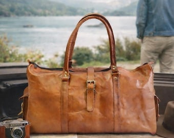 Sac de voyage en cuir naturel, sac week end cuir marron effet vintage, bagage à main porté épaule en cuir, sac de voyage en cuir, the duke