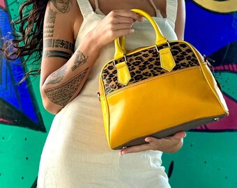 Upcycled yellow leather handbag, Recycled yellow handbag, Leather yellow handbag, Leopard print handbag, Sustainable bag, Yellow leather bag