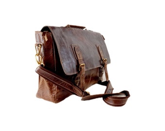 Sac bandoulière cuir style cartable, sacoche d'ordinateur en cuir, sac pour ordinateur bandoulière style cartable en cuir marron, NEW HUGO