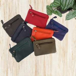 Cartera pequeña de piel de colores, monedero de piel, tarjetero de piel granulada, cartera con llavero de piel, ARES