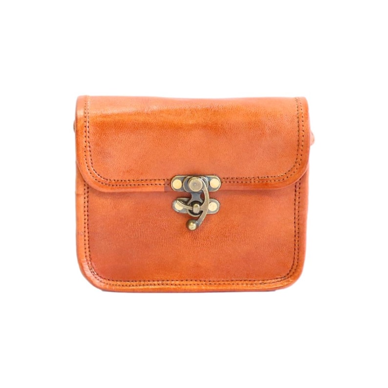 Kleine leren crossbodytas voor dames, vintage stijl tas van natuurlijk leer, bruine leren schoudertas in cottagecore stijl, SLIMI LOCK 2 afbeelding 5