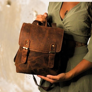 Small brown leather convertible backpack crossbody bag, Leather school backpack, Genuine leather brown backpack, Crossbody leather bag