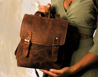 Small brown leather convertible backpack crossbody bag, Leather school backpack, Genuine leather brown backpack, Crossbody leather bag