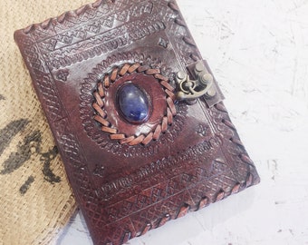 Brown leather notebook A5 with gemstone, Leather Travelers Notebook, Handmade leather Notebook, Leather Journal, Sketchbook for artists