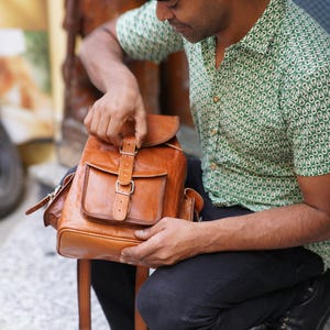Cognac leather backpack women, Handcrafted brown leather backpack for women with one large compartment, Handtooled leather backpack image 2