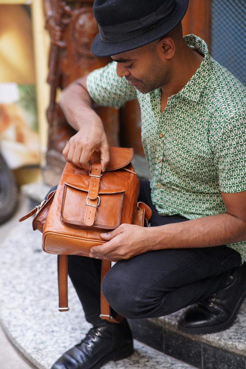 Cognac leather backpack women, Handcrafted brown leather backpack for women with one large compartment, Handtooled leather backpack image 2