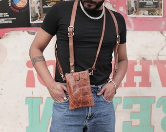 Sacoche pochette bandoulière en cuir pour homme, sac pochette passeport en cuir marron, petit sac bandoulière cuir marron homme voyage, BINO