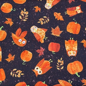 May include: A seamless pattern featuring orange owls and pumpkins on a dark blue background. The owls have large eyes and are depicted in various poses. The pumpkins are scattered throughout the pattern and have a textured appearance.
