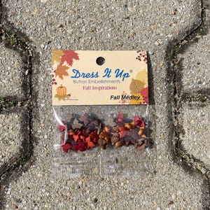 Op de afbeelding: Een zakje met Dress It Up Fall Inspirations Fall Medley knoopversieringen. Het zakje bevat een verscheidenheid aan knopen met een herfstthema, waaronder bladeren, eikels en dennenappels. De knopen zijn in tinten rood, oranje, bruin en goud.
