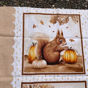K&ouml;nnte beinhalten: Stoffpaneel mit einem braunen Eichh&ouml;rnchen und K&uuml;rbissen, Schmetterlingen und Bl&auml;ttern. Die Illustration enth&auml;lt den Text "Hello Pumpkin" und den Namen des K&uuml;nstlers. Herbstliches Thema.