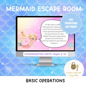 Preschool/Kindergarten Mermaid Digital Math Escape Room For Teachers and Kids, Summer, Brain Break, Math Activities, Learning Game image 1