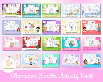 Set of 20 Character Bundle Printable Activity Pack | Princess Party, Summer Fun, for Kids, Instant Download, Birthday Favor, Coloring Sheets
