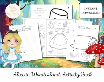 Alice in Wonderland Activity Pack: Handwriting, Crafts, Coloring for Kids Tea Party (Digital Download)