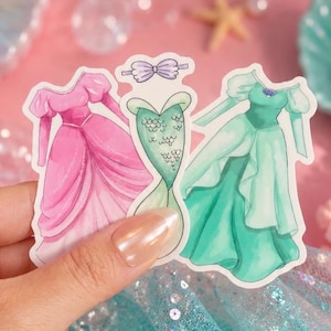 Little Mermaid Ariel Princess Dress Vinyl Waterproof Sticker / Pink Teal Dress, Mermaid Tail, Party Favors, Journal Laptop Bottle Decal image 1