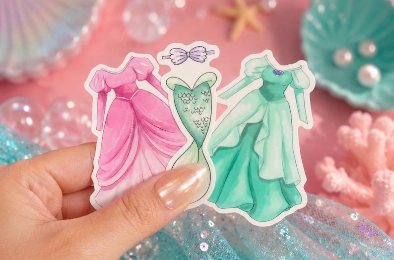 Little Mermaid Ariel Princess Dress Vinyl Waterproof Sticker / Pink Teal Dress, Mermaid Tail, Party Favors, Journal Laptop Bottle Decal image 1