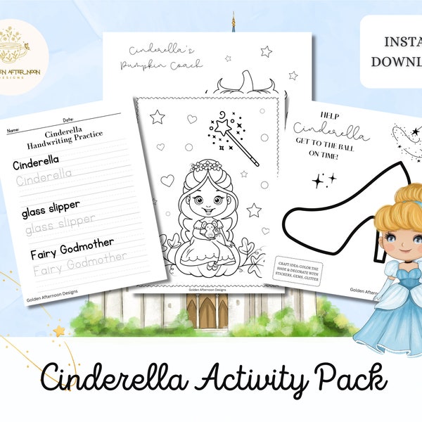 Cinderella Activity Pack/Magical Worksheets for Kids, Princess Crafts Games, Birthday Party Fun, Educational Printables, Fairytale Learning