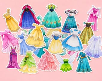 Princess Dress Sticker Bundle | Waterproof Matte Vinyl, Fairytale Collection, Party Favors, Journal Laptop Bottle Decal