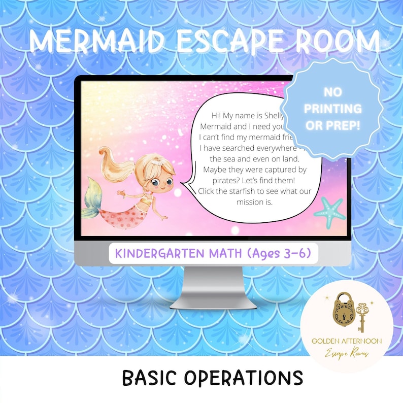 Preschool/Kindergarten Mermaid Digital Math Escape Room For Teachers and Kids, Summer, Brain Break, Math Activities, Learning Game image 1