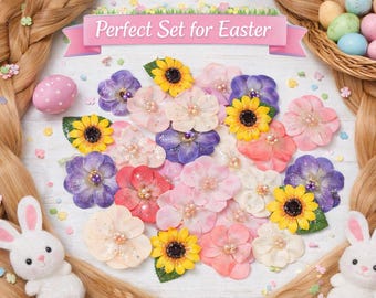 May include: An Easter-themed arrangement featuring a variety of colorful artificial flowers, including sunflowers and blossoms in shades of pink, purple, and yellow. The scene includes a pink polka-dotted egg, a basket of pastel eggs, and two white bunny figures. The text "Perfect Set for Easter" is displayed.