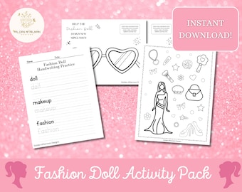 Fashion Doll Printable Activity Pack/Summer Barbie Pool Birthday Party Favors for Girl Boy Kids Gift from Mom Dad Coloring Handwriting