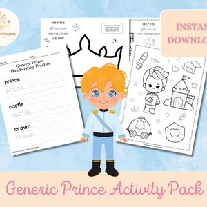 Prince Printable Activity Pack for Birthday Party Favors/Fantasy Coloring Pages Craft Activities for Little Boy Toddler Gift from Mom