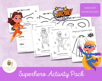 Superhero Printable Activity Pack/Girl Boy Superhero Birthday Party Favors Worksheets Handouts Instant Download for Kids Coloring Pages