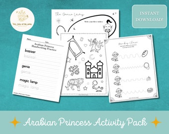 Arabian Princess Activity Pack | Aladdin Jasmine Crafts | Handwriting, Coloring, Creative Writing, Tracing, Party Favor