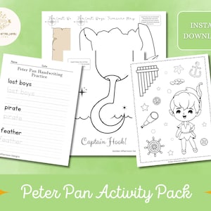 May include: A printable Peter Pan activity pack featuring colouring pages, handwriting practice, and a treasure map. The pack includes images of Captain Hook, Peter Pan, and Tinkerbell.